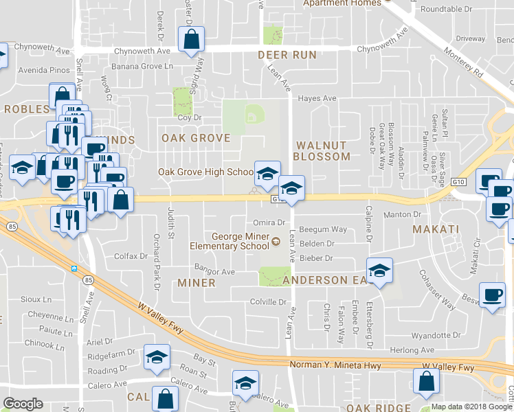 map of restaurants, bars, coffee shops, grocery stores, and more near 5613 Minden Court in San Jose