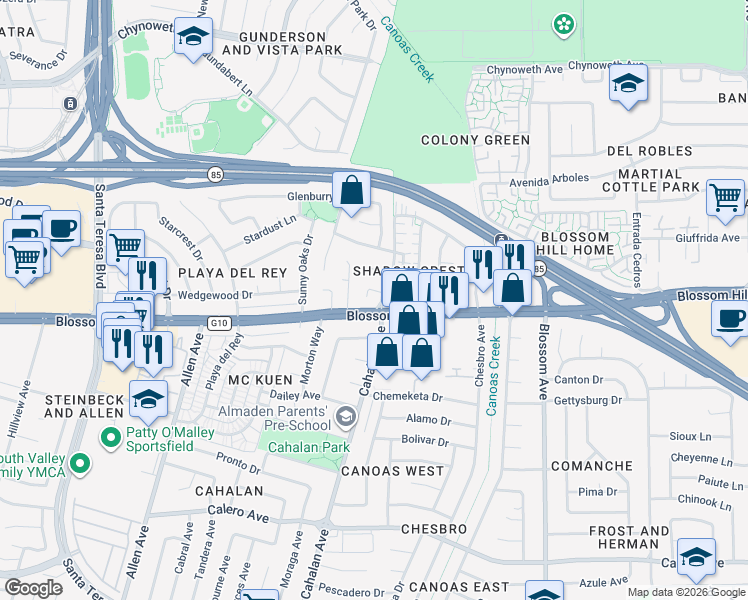 map of restaurants, bars, coffee shops, grocery stores, and more near 5568 Cahalan Avenue in San Jose