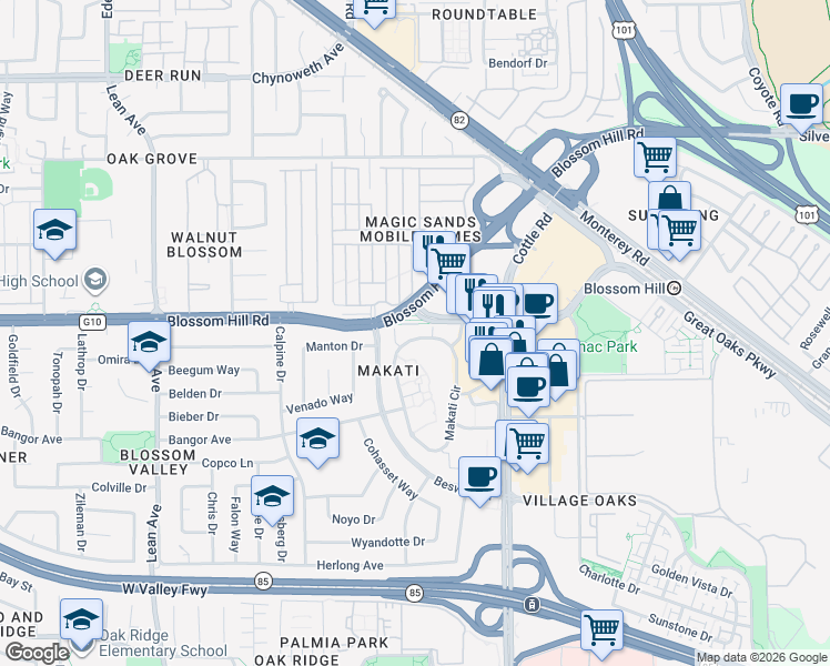 map of restaurants, bars, coffee shops, grocery stores, and more near 5469 Makati Circle in San Jose