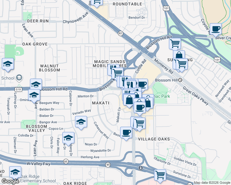 map of restaurants, bars, coffee shops, grocery stores, and more near 5441 Makati Circle in San Jose