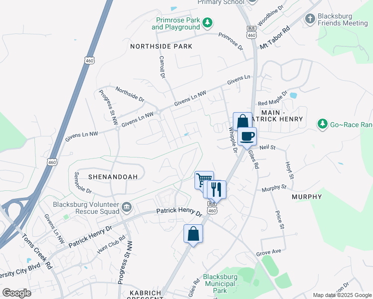 map of restaurants, bars, coffee shops, grocery stores, and more near 427 Janie Lane in Blacksburg