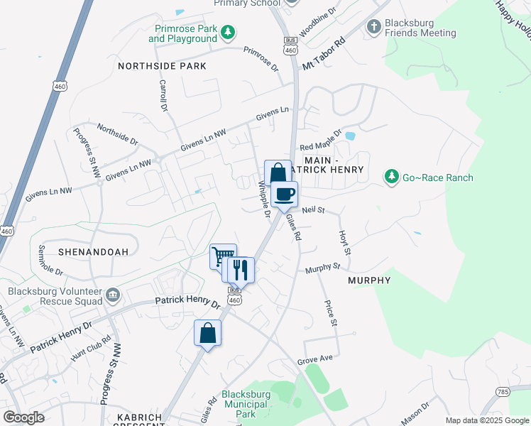 map of restaurants, bars, coffee shops, grocery stores, and more near 1502 Whipple Drive in Blacksburg