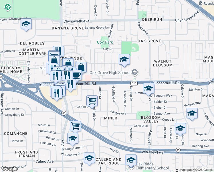 map of restaurants, bars, coffee shops, grocery stores, and more near 340 Blossom Hill Road in San Jose