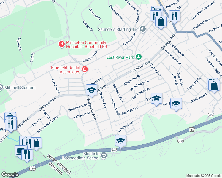 map of restaurants, bars, coffee shops, grocery stores, and more near 1012 Albemarle Street in Bluefield