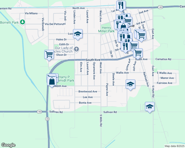 map of restaurants, bars, coffee shops, grocery stores, and more near 865 Sycamore Avenue in Gustine