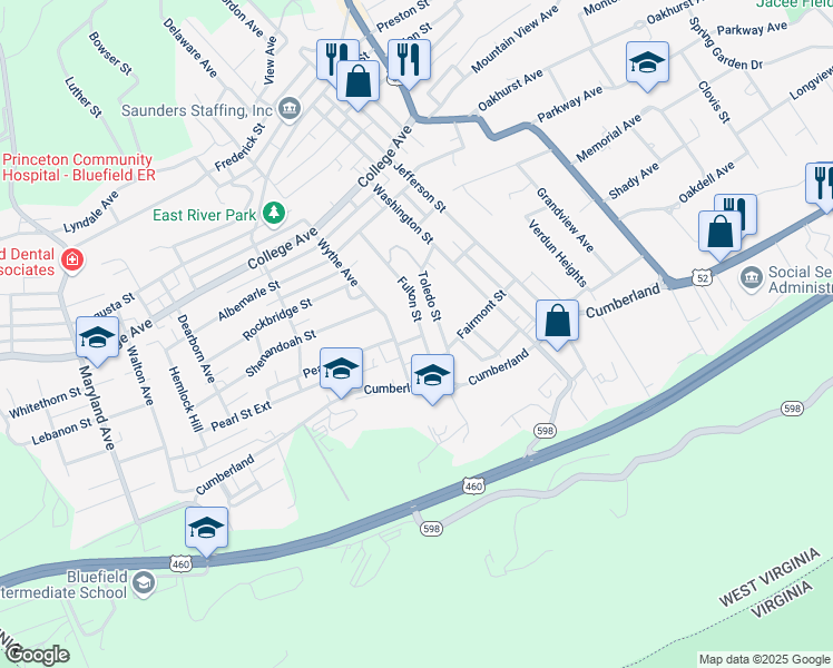 map of restaurants, bars, coffee shops, grocery stores, and more near 2301 Wythe Avenue in Bluefield