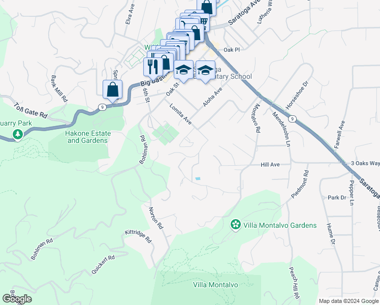 map of restaurants, bars, coffee shops, grocery stores, and more near 14941 Vickery Avenue in Saratoga