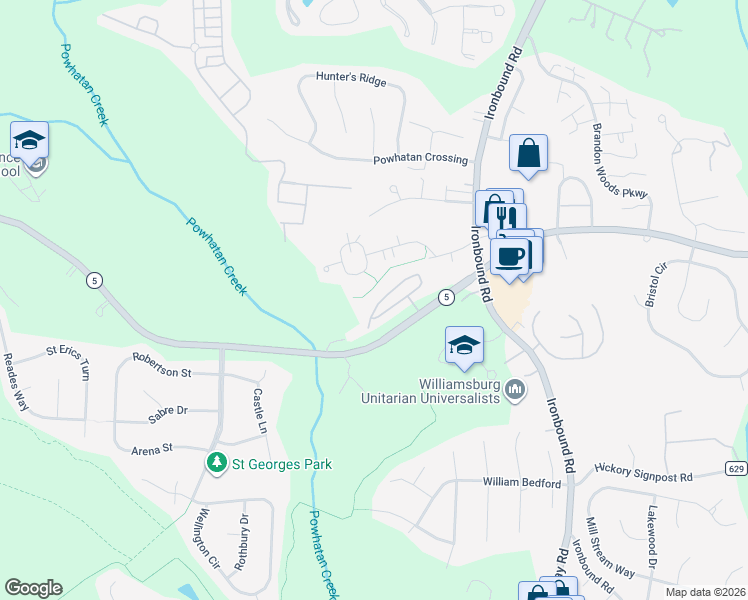 map of restaurants, bars, coffee shops, grocery stores, and more near 704 Prosperity Court in Williamsburg