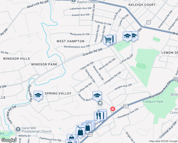 map of restaurants, bars, coffee shops, grocery stores, and more near 2524 Spring Road Southwest in Roanoke