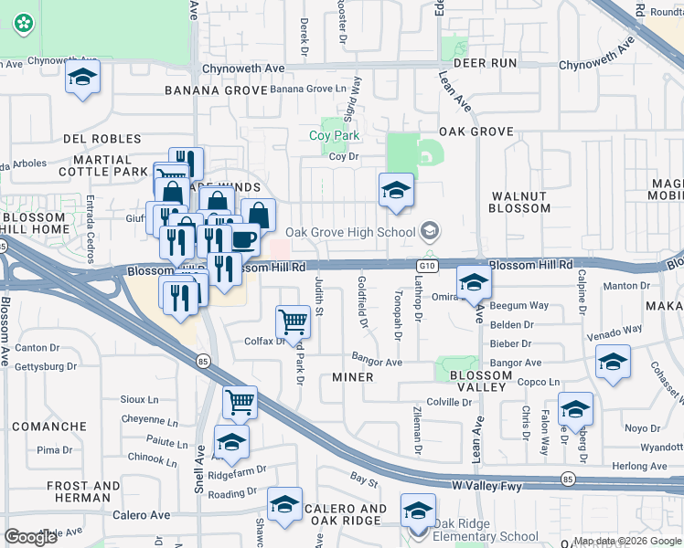 map of restaurants, bars, coffee shops, grocery stores, and more near 340 Blossom Hill Road in San Jose