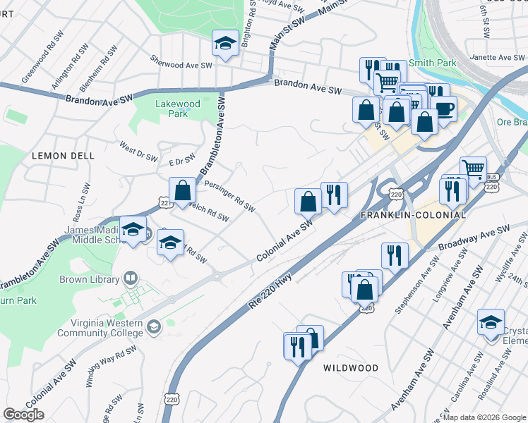 map of restaurants, bars, coffee shops, grocery stores, and more near 1047 Persinger Road Southwest in Roanoke