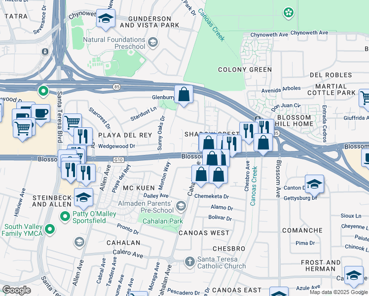 map of restaurants, bars, coffee shops, grocery stores, and more near 5580 Cooney Place in San Jose