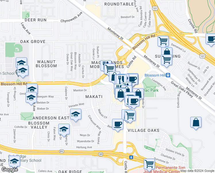map of restaurants, bars, coffee shops, grocery stores, and more near 5441 Makati Circle in San Jose