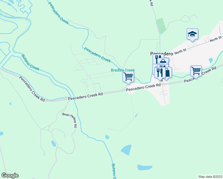 map of restaurants, bars, coffee shops, grocery stores, and more near 1601 Pescadero Creek Road in Pescadero
