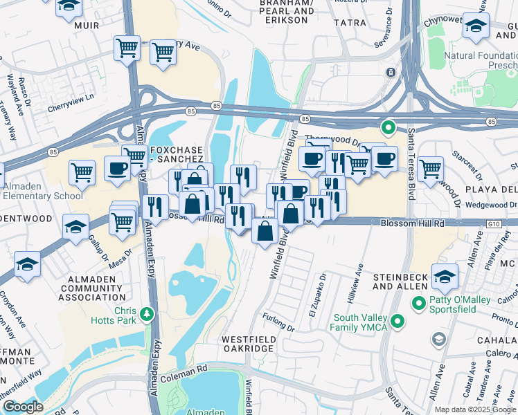 map of restaurants, bars, coffee shops, grocery stores, and more near 1001 Blossom Hill Road in San Jose
