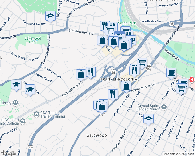 map of restaurants, bars, coffee shops, grocery stores, and more near 2539 Sanford Avenue Southwest in Roanoke