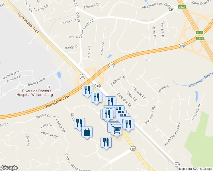 map of restaurants, bars, coffee shops, grocery stores, and more near 117 Banneker Drive in Williamsburg