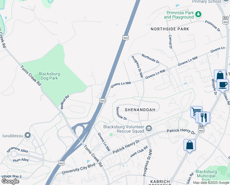 map of restaurants, bars, coffee shops, grocery stores, and more near 801-867 Givens Lane in Blacksburg