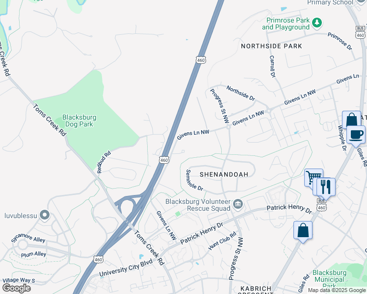 map of restaurants, bars, coffee shops, grocery stores, and more near 801 Givens Lane in Blacksburg
