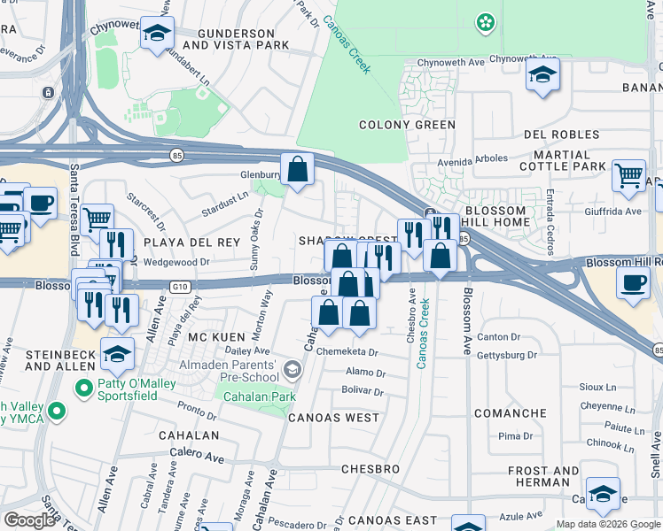 map of restaurants, bars, coffee shops, grocery stores, and more near 5568 Cahalan Avenue in San Jose