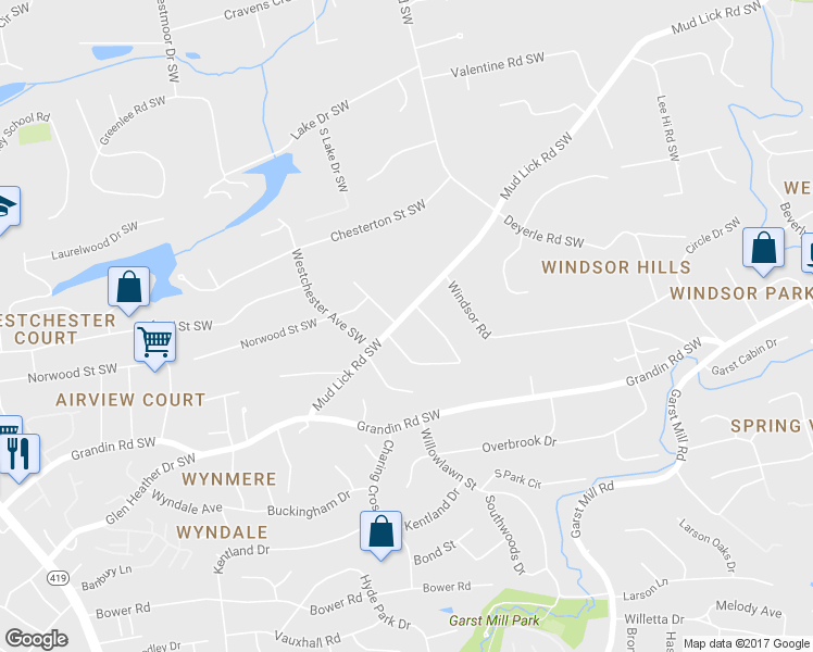 map of restaurants, bars, coffee shops, grocery stores, and more near 3906 Mudlick Road Southwest in Roanoke