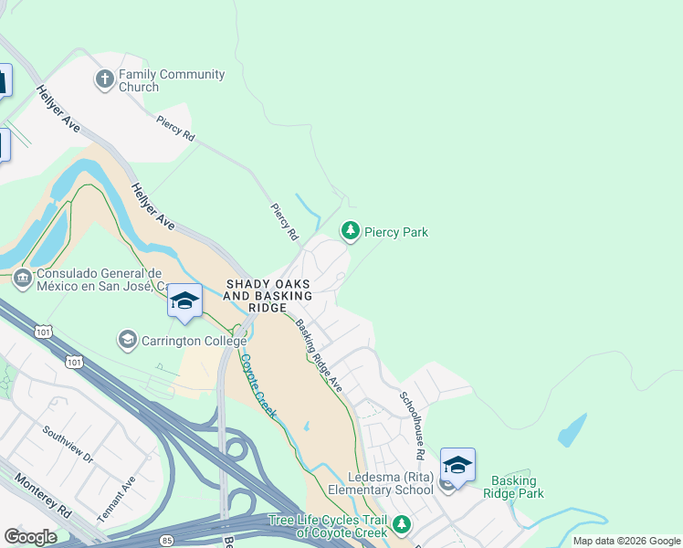 map of restaurants, bars, coffee shops, grocery stores, and more near 725 Piercy Road in San Jose