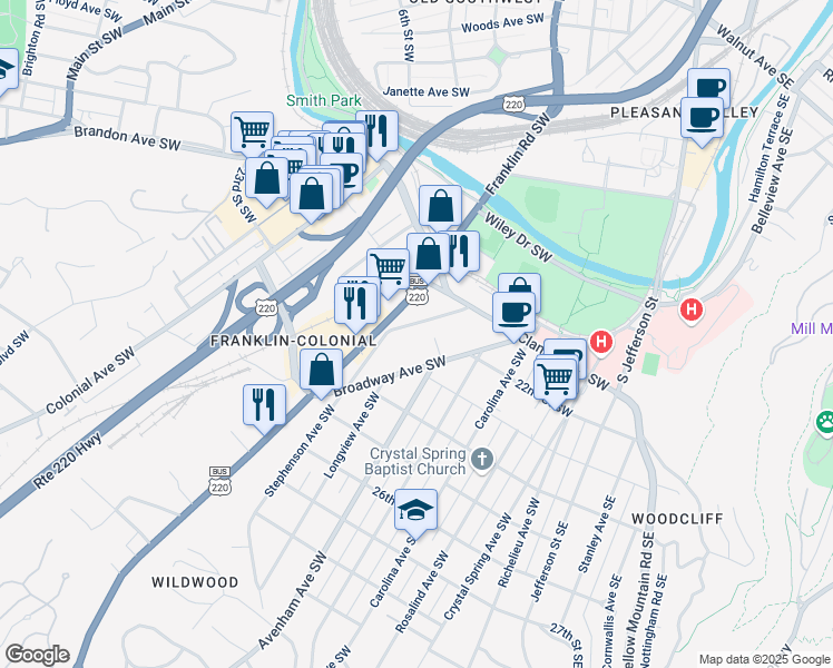 map of restaurants, bars, coffee shops, grocery stores, and more near 2110 Stephenson Avenue Southwest in Roanoke
