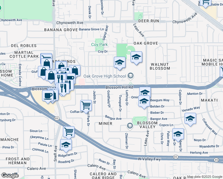 map of restaurants, bars, coffee shops, grocery stores, and more near 324 Blossom Hill Road in San Jose