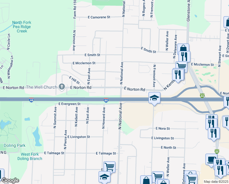 map of restaurants, bars, coffee shops, grocery stores, and more near 2937 North National Avenue in Springfield