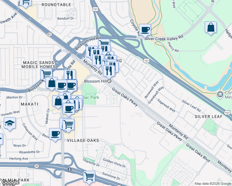 map of restaurants, bars, coffee shops, grocery stores, and more near 230 Ellicott Loop in San Jose