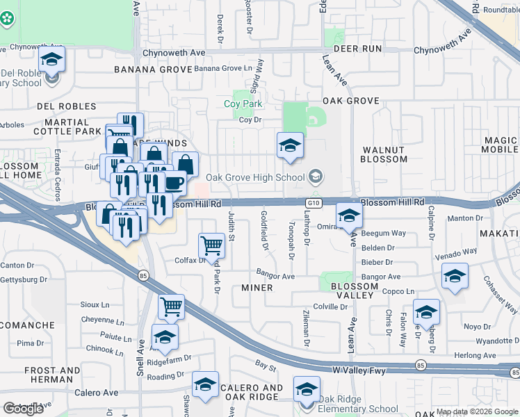 map of restaurants, bars, coffee shops, grocery stores, and more near 340 Blossom Hill Road in San Jose
