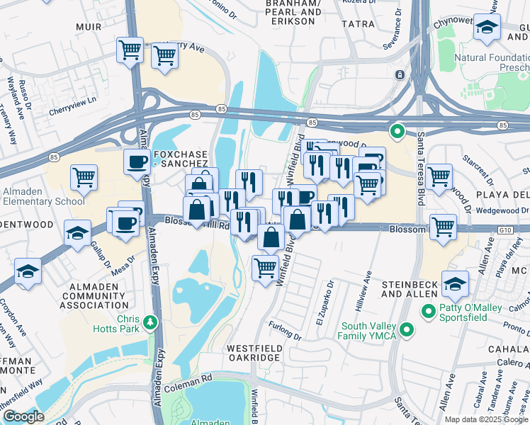map of restaurants, bars, coffee shops, grocery stores, and more near in San Jose