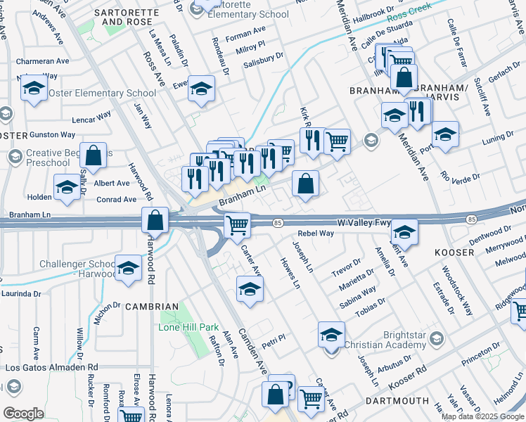 map of restaurants, bars, coffee shops, grocery stores, and more near 4895 Lawson Court in San Jose