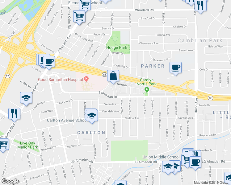 map of restaurants, bars, coffee shops, grocery stores, and more near 2333 Saidel Drive in San Jose