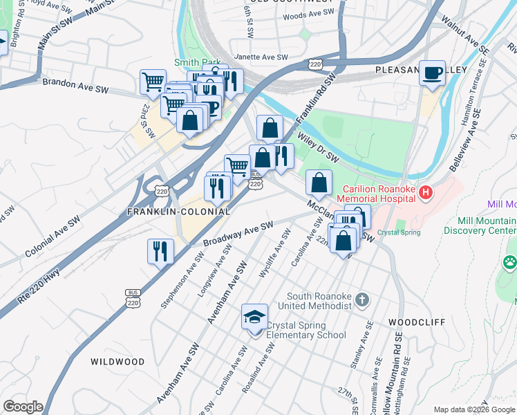 map of restaurants, bars, coffee shops, grocery stores, and more near 2102 Stephenson Avenue Southwest in Roanoke