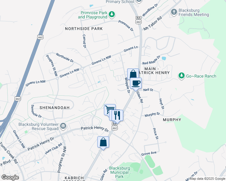 map of restaurants, bars, coffee shops, grocery stores, and more near 1505 North Main Street in Blacksburg