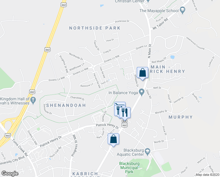 map of restaurants, bars, coffee shops, grocery stores, and more near 429 Janie Lane in Blacksburg