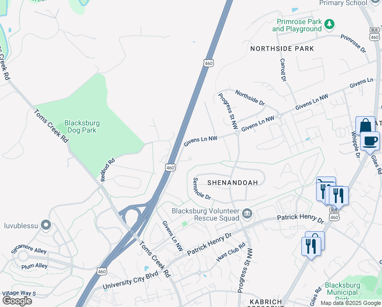 map of restaurants, bars, coffee shops, grocery stores, and more near 801-867 Givens Lane in Blacksburg