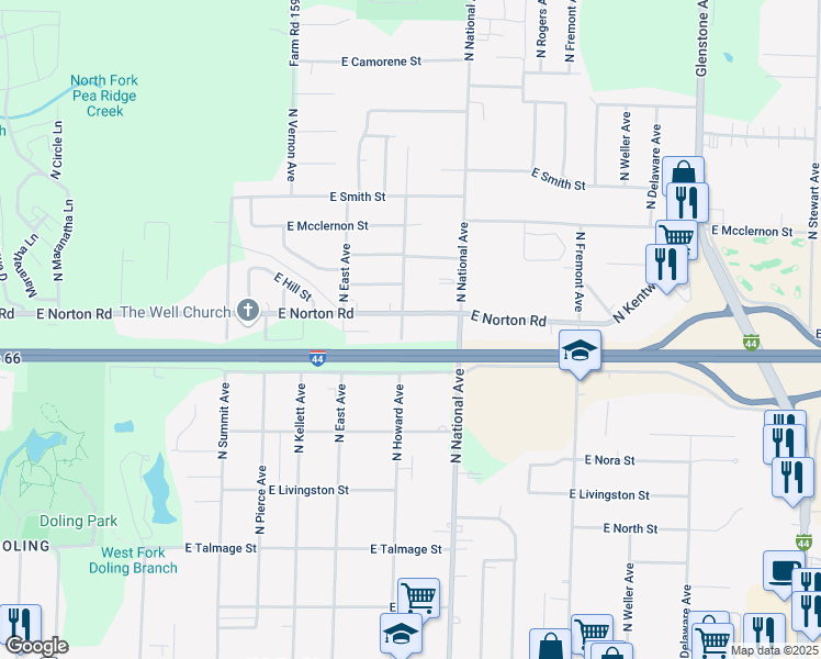 map of restaurants, bars, coffee shops, grocery stores, and more near 2937 North National Avenue in Springfield