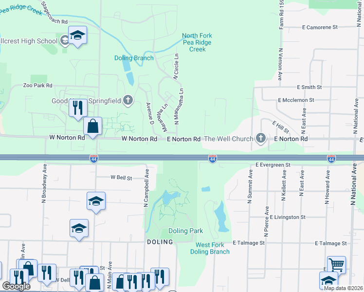 map of restaurants, bars, coffee shops, grocery stores, and more near 238 East Norton Road in Springfield