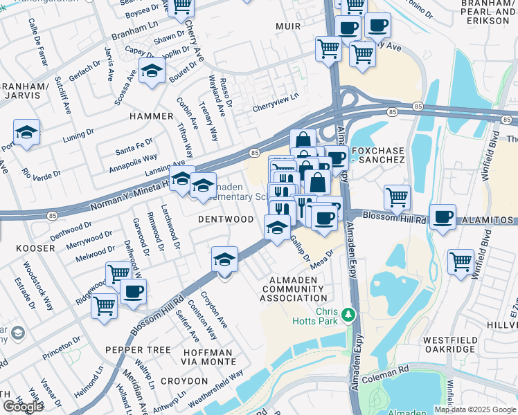 map of restaurants, bars, coffee shops, grocery stores, and more near 5472 Clovercrest Drive in San Jose