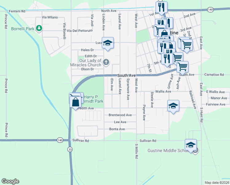 map of restaurants, bars, coffee shops, grocery stores, and more near 1171 Wallis Avenue in Gustine