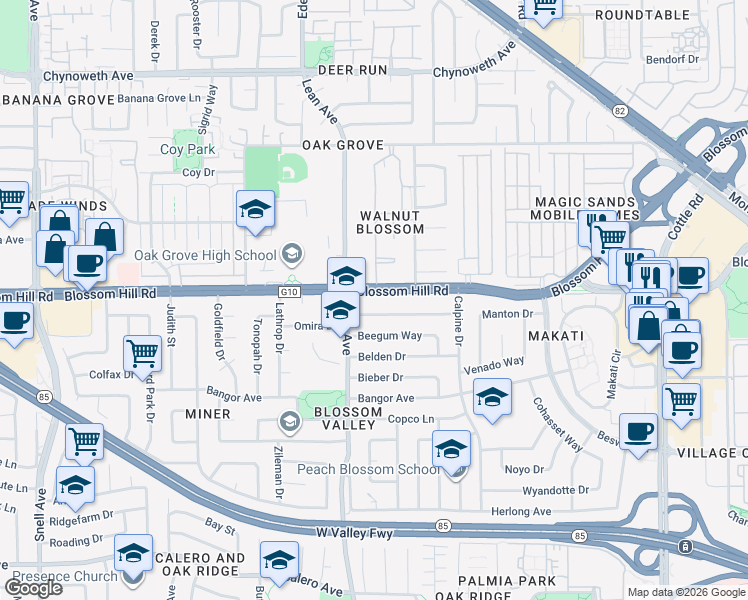 map of restaurants, bars, coffee shops, grocery stores, and more near 252 Blossom Hill Road in San Jose