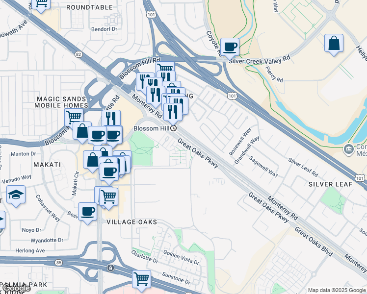 map of restaurants, bars, coffee shops, grocery stores, and more near 230 Ellicott Loop in San Jose