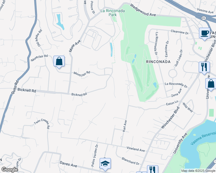 map of restaurants, bars, coffee shops, grocery stores, and more near 713 Bicknell Road in Los Gatos