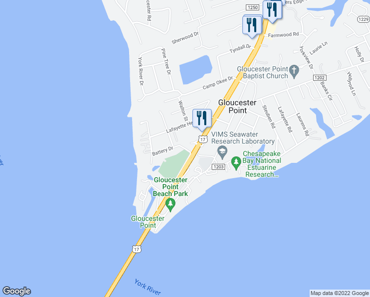 map of restaurants, bars, coffee shops, grocery stores, and more near 7425 Battery Drive in Gloucester Point