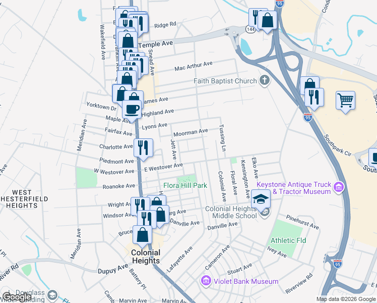 map of restaurants, bars, coffee shops, grocery stores, and more near 399 Dick Ewell Avenue in Colonial Heights