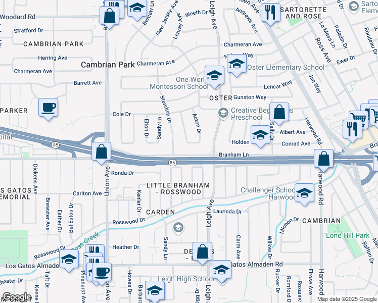 map of restaurants, bars, coffee shops, grocery stores, and more near 14615 Branham Lane in San Jose