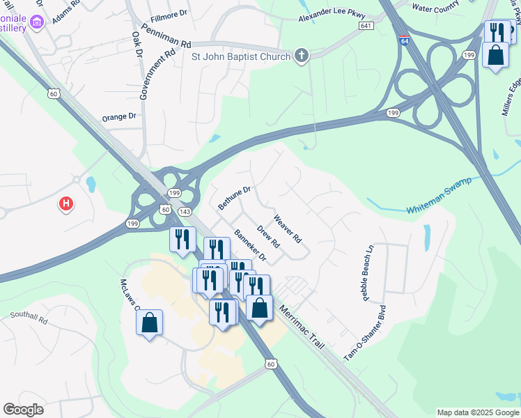 map of restaurants, bars, coffee shops, grocery stores, and more near 104 Luther Drive in Williamsburg