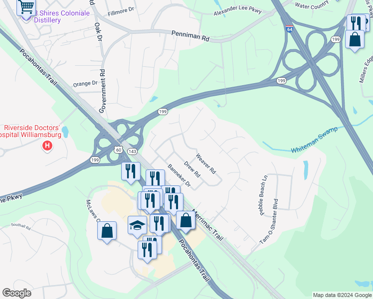 map of restaurants, bars, coffee shops, grocery stores, and more near 104 Luther Drive in Williamsburg